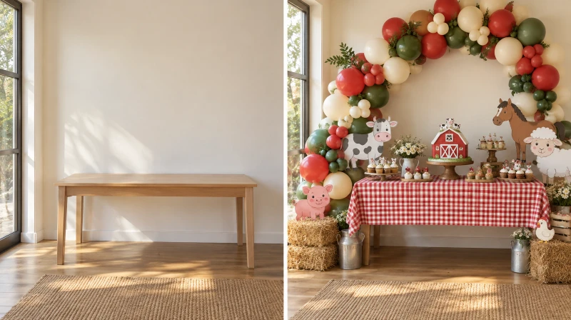 Before and after of a plain corner styled for a farm birthday party
