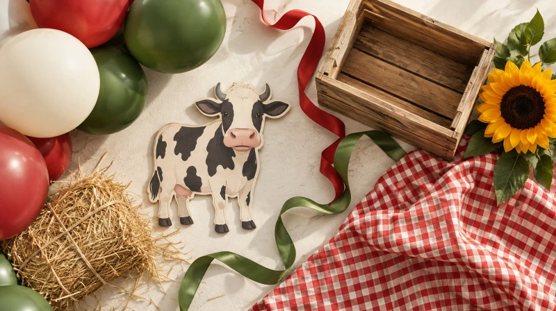 A farm birthday party color palette in red, cream, green, and brown