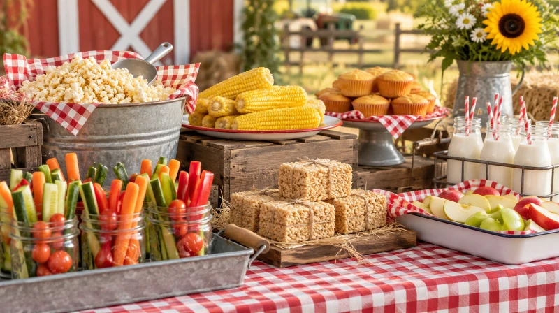A farm party food table with popcorn, veggie cups, and hay-bale treats