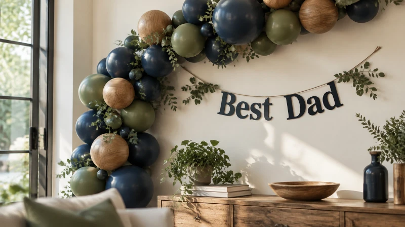 Father's Day decorations with a navy balloon garland and a best dad banner