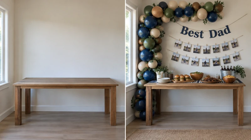 Before and after of a plain corner styled for a Father's Day party
