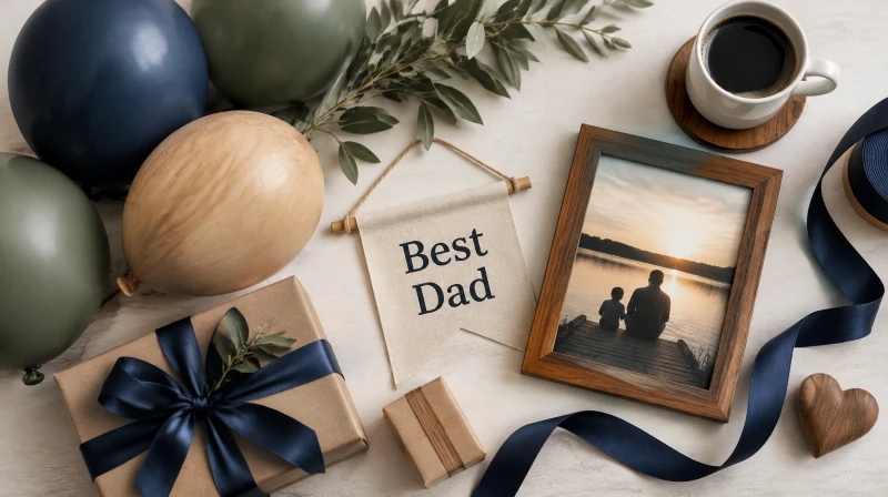 Father's Day color palette with navy, sage, and wood-tone balloons, a Best Dad banner, and a framed photo