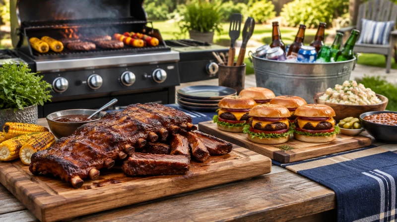 A Father's Day BBQ table with a grill station, hearty food, and drinks