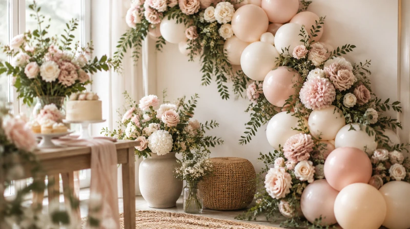 Floral baby shower decorations with a blush balloon garland and roses