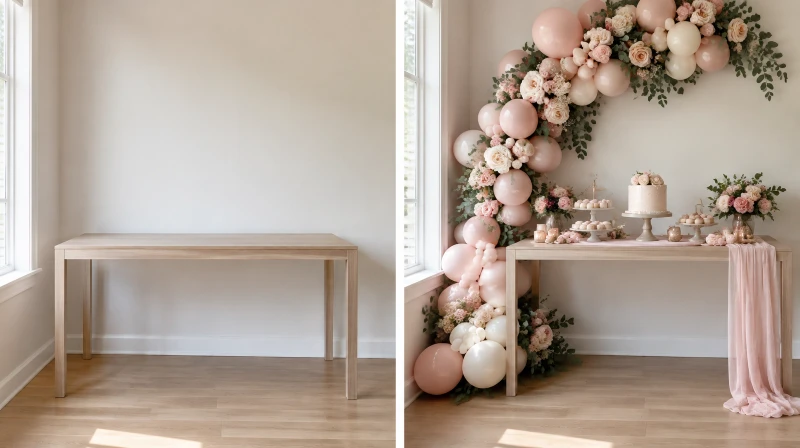 Before and after of a plain corner styled for a floral baby shower