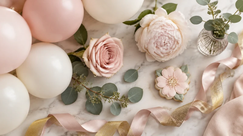 A floral baby shower color palette in blush, cream, sage, and soft pink