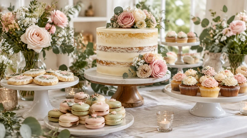 A floral baby shower dessert table with a rose cake and buttercream flower cupcakes