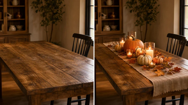 Before and after of a plain table styled into a cozy Friendsgiving table