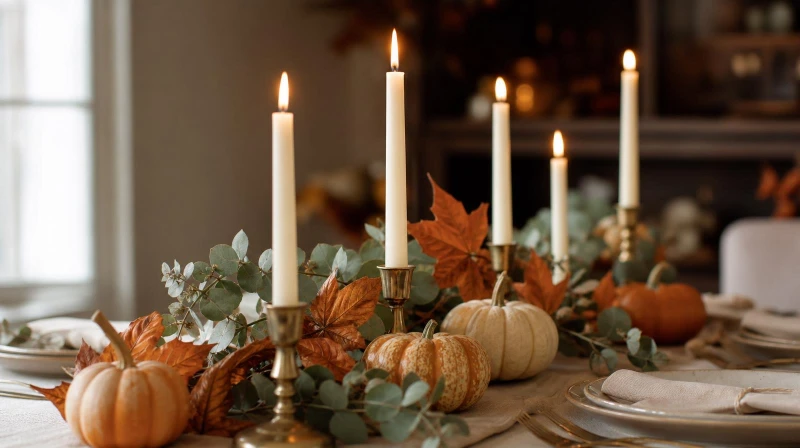 Cozy Friendsgiving decorations with candles, small pumpkins, and fall leaves
