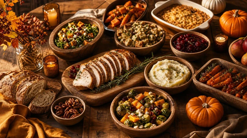 A Friendsgiving potluck spread with shared dishes on wooden boards