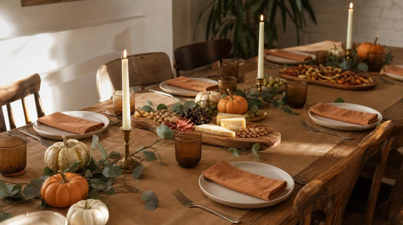 A cozy Friendsgiving table setup with a kraft runner, candles, and shared dishes