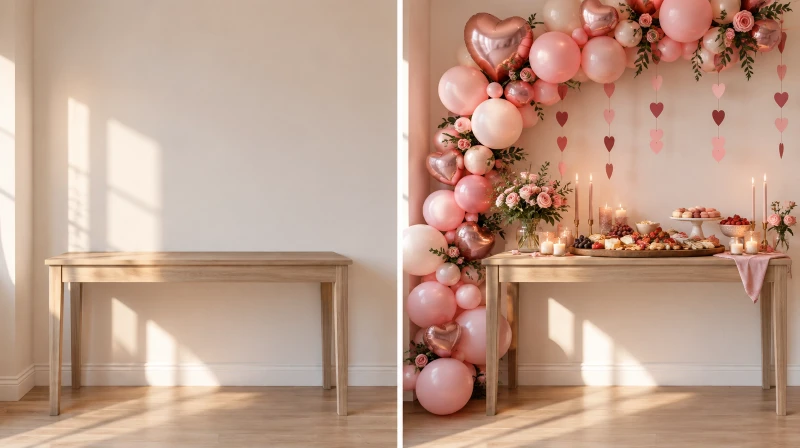 Before and after of a plain corner styled for a Galentine's Day party