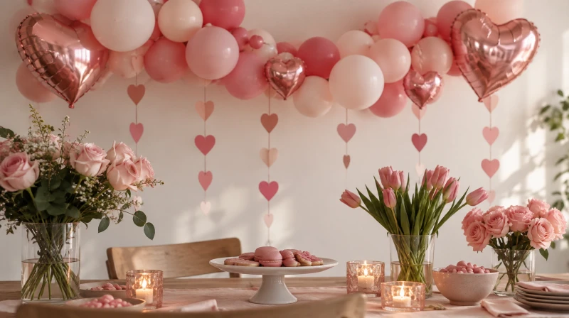 Galentine's Day decorations with a blush balloon garland, hearts, and pink flowers