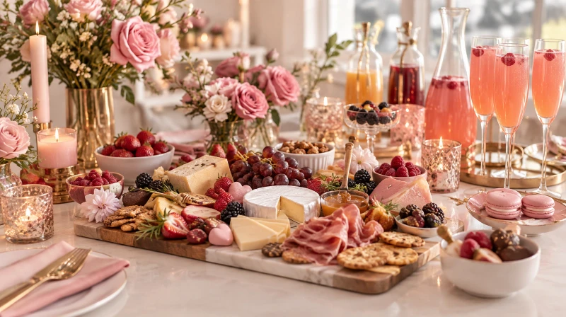A Galentine's grazing table with a board, pink drinks, and flowers