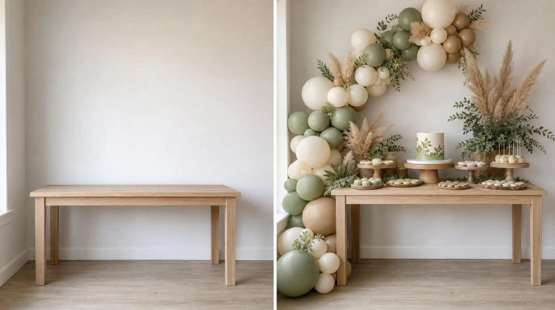 Before and after of a plain corner styled for a gender-neutral baby shower