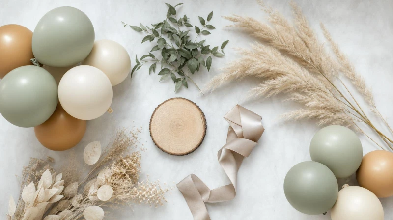 A gender-neutral baby shower color palette in cream, sage, tan, and wood