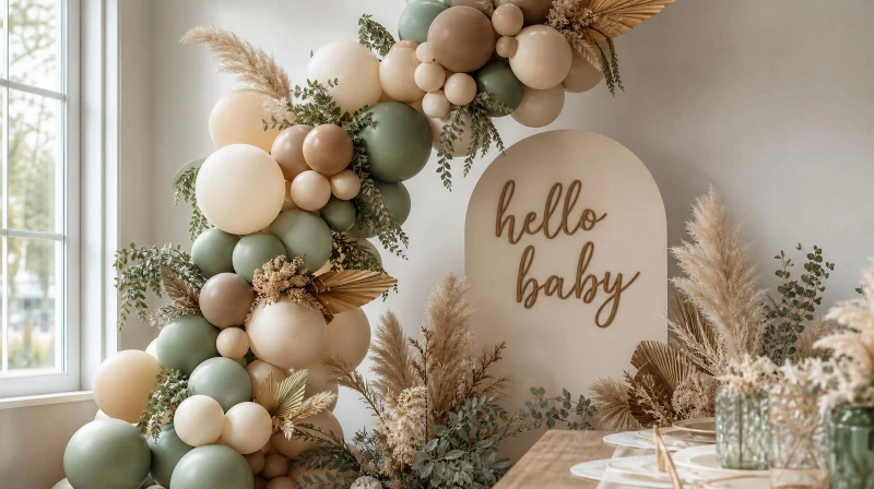 Gender-neutral baby shower decorations with a cream balloon garland and pampas grass