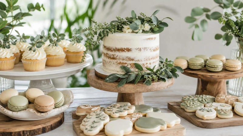 A gender-neutral baby shower dessert table with a greenery cake and neutral treats
