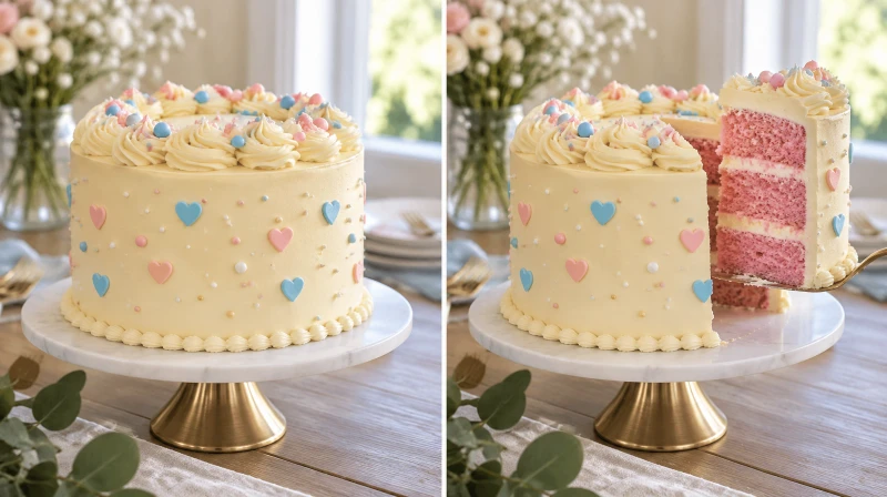 Before and after of a gender reveal cake, whole and then cut to show the color