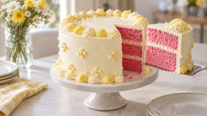 A gender reveal cake being cut to show pink or blue sponge inside