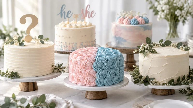 Gender reveal cake design ideas featuring he-or-she toppers and question mark decorations