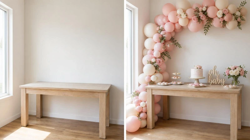Before and after of a plain table styled into a girl baby shower setup