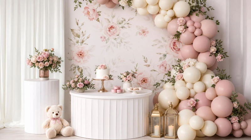 Girl baby shower decorations with a blush balloon garland and roses