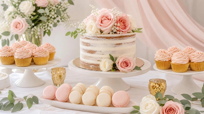 A girl baby shower dessert table with a floral cake and blush treats