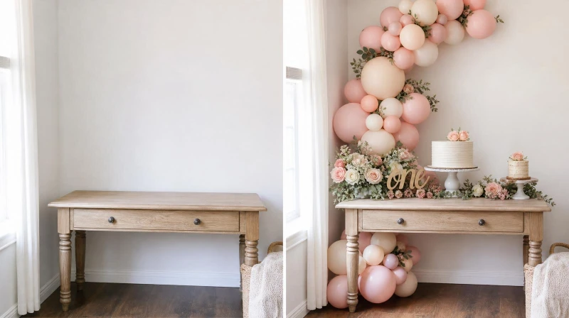 Before and after of a plain corner styled for a girl first birthday