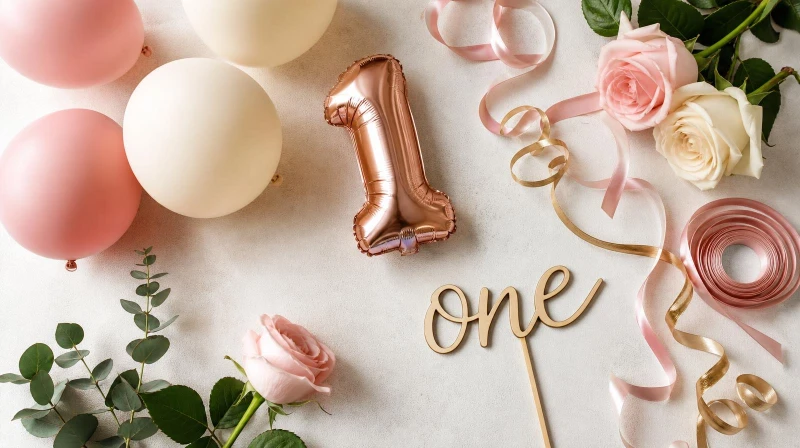 A girl first birthday color palette in blush, cream, and gold