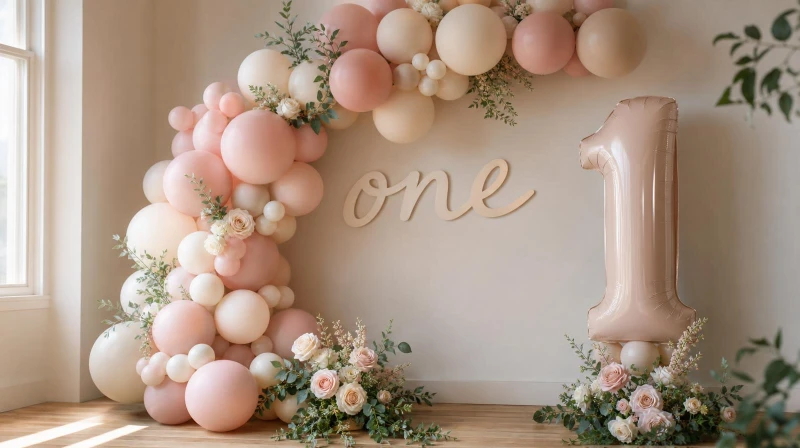 Girl first birthday decorations with a blush balloon garland and a one sign