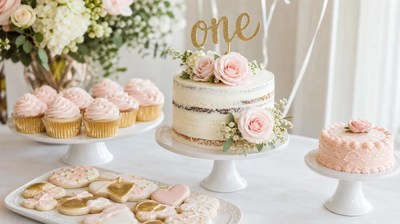 A girl first birthday dessert table with a floral cake and blush treats