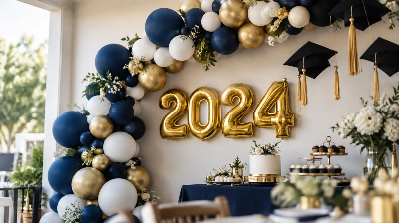 Graduation party decorations with a balloon garland and number balloons