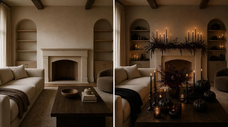 A side-by-side photo comparison of a plain living room versus the same room fully transformed with sophisticated Halloween decor and dramatic lighting.