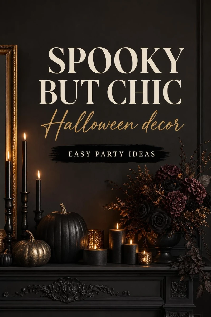 A Pinterest graphic overlaying text 'Halloween Party Decorations' on a spooky-but-chic party setting.