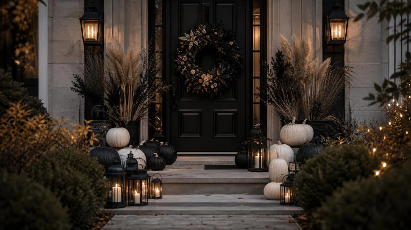 A stylish Halloween entryway decorated with varying sizes of white and natural pumpkins alongside large black metal lanterns.
