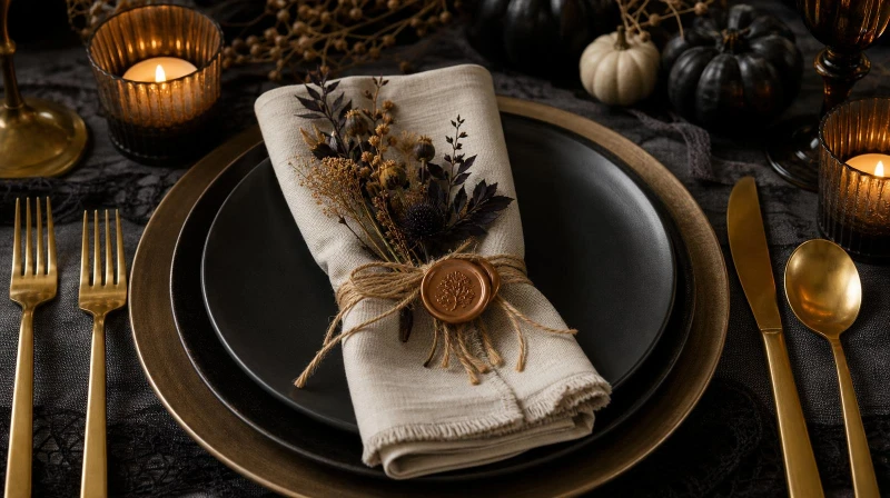 An elegant Halloween place setting with a matte black plate, cream linen napkin, a wax-sealed place card, and brass flatware.