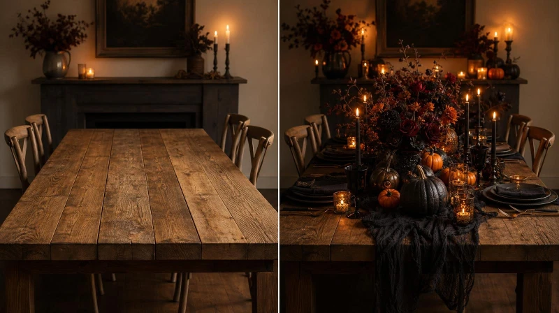 A side-by-side before-and-after of a plain table transformed into a moody, layered Halloween tablescape.