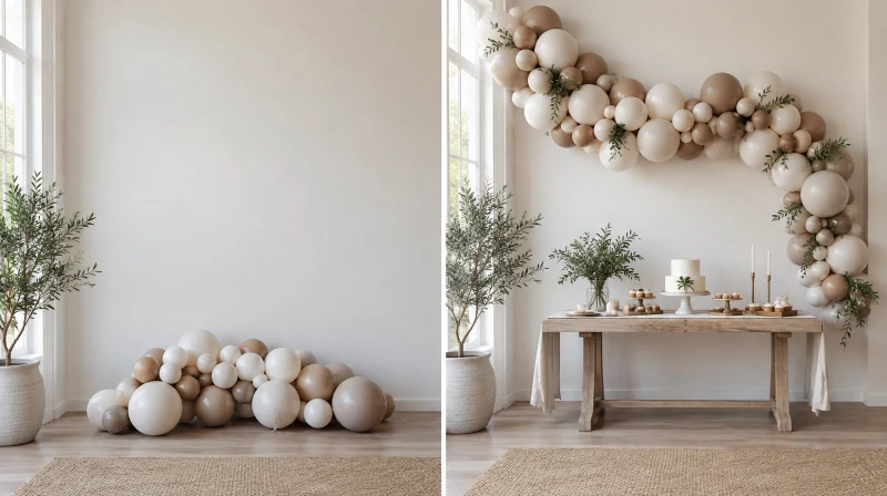 Before and after of a bare wall with a balloon garland hung as a backdrop