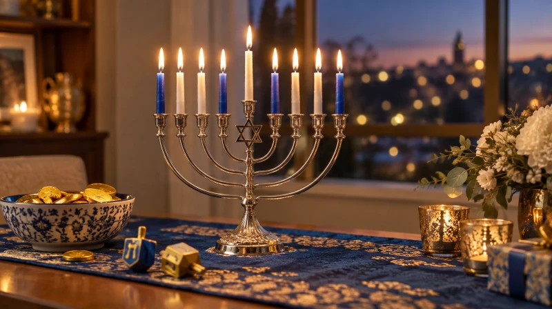 A Hanukkah menorah display glowing in a window with blue and gold accents