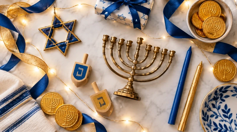 A Hanukkah party decoration color palette in blue, gold, white, and silver