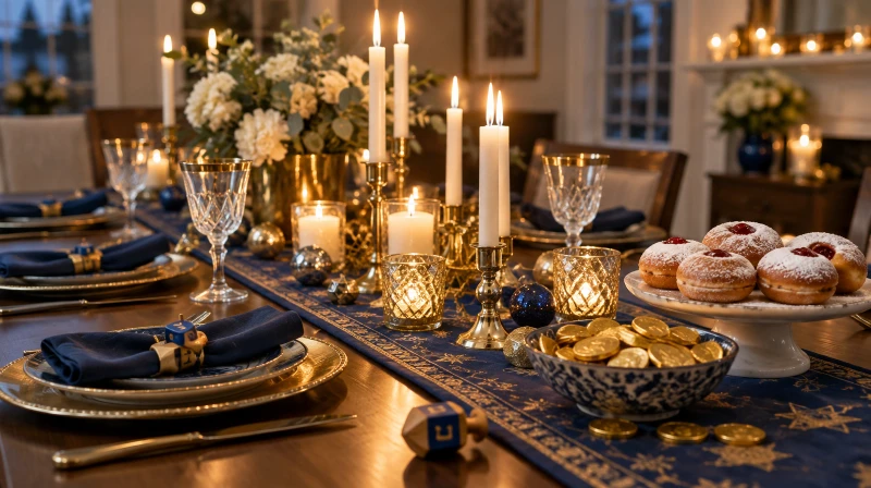 A Hanukkah table with blue and gold place settings, candles, and dreidels