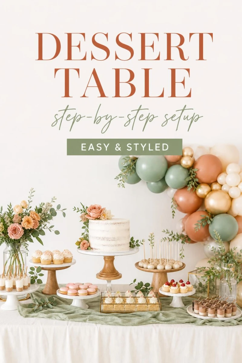 A Pinterest graphic with the text "How to Set Up a Dessert Table" over a styled dessert table with a balloon backdrop