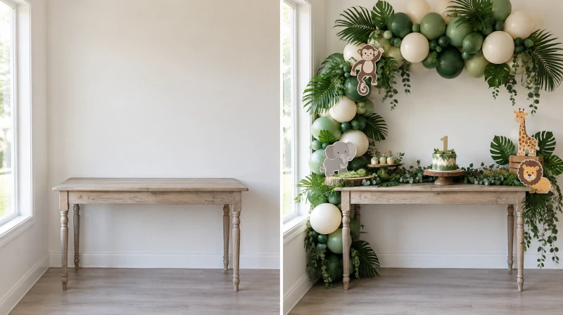 Before and after of a plain corner styled for a jungle first birthday