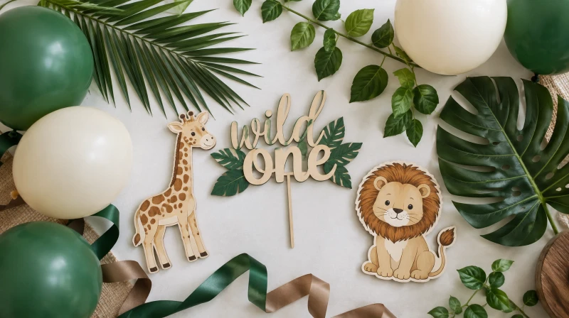 A jungle first birthday color palette in green, brown, mustard, and cream