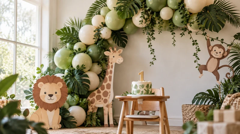 Jungle first birthday decorations with a green balloon garland and animal cutouts