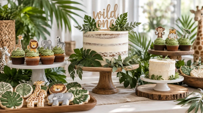 A jungle first birthday dessert table with a wild one cake and animal cookies