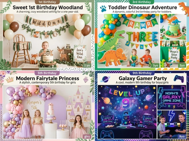 A collage-style guide to kids birthday party themes by age