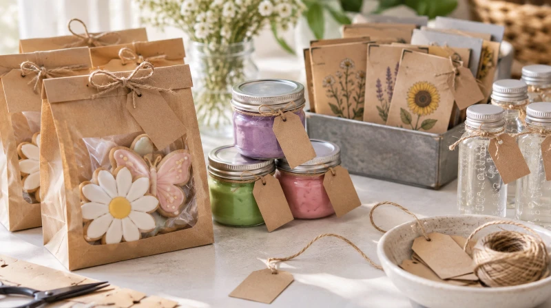 DIY kids party favors like cookies, playdough jars, and seed packets