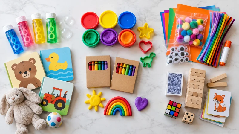 Kids party favors sorted by age, from bubbles to craft kits